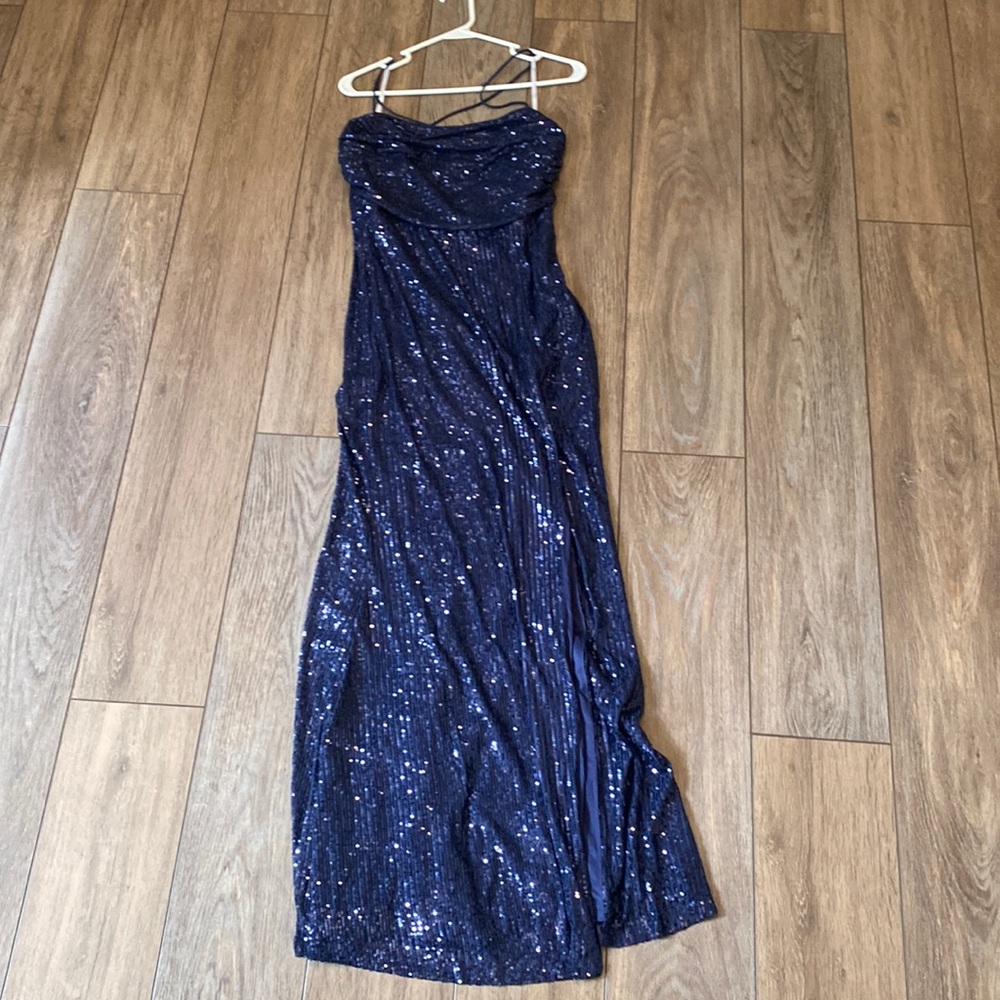 Lulu’s Navy Blue Sequin Lace Up Maxi Dress
